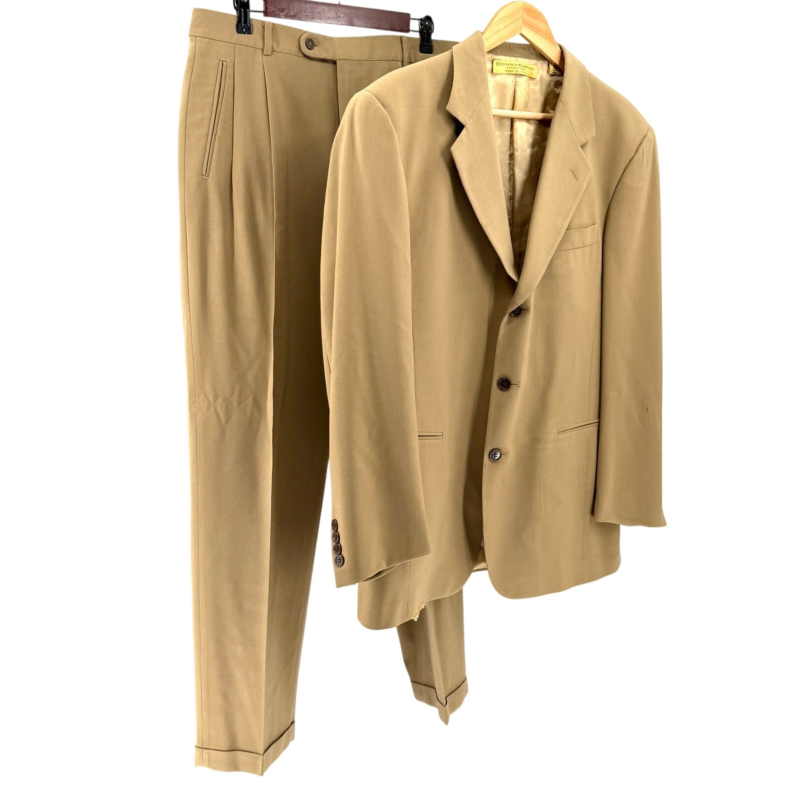 Vintage 90s Donna Karan Signature Tan Pleated JFK Jr Style 3 Button Suit