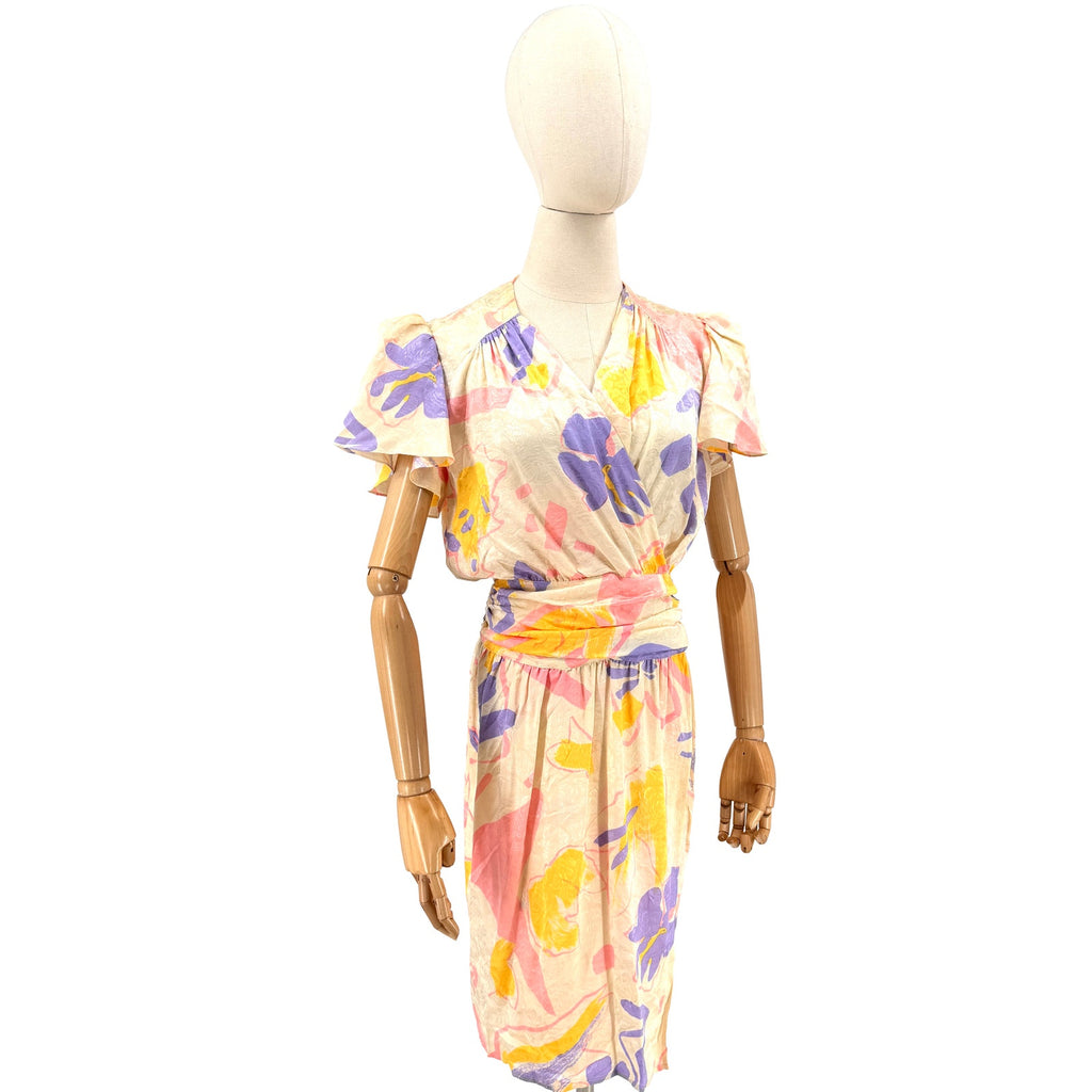 Vintage 80s Flora Kung 100% Silk Pastel Floral Flutter Sleeve Wrap Dress