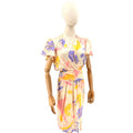 Vintage 80s Flora Kung 100% Silk Pastel Floral Flutter Sleeve Wrap Dress