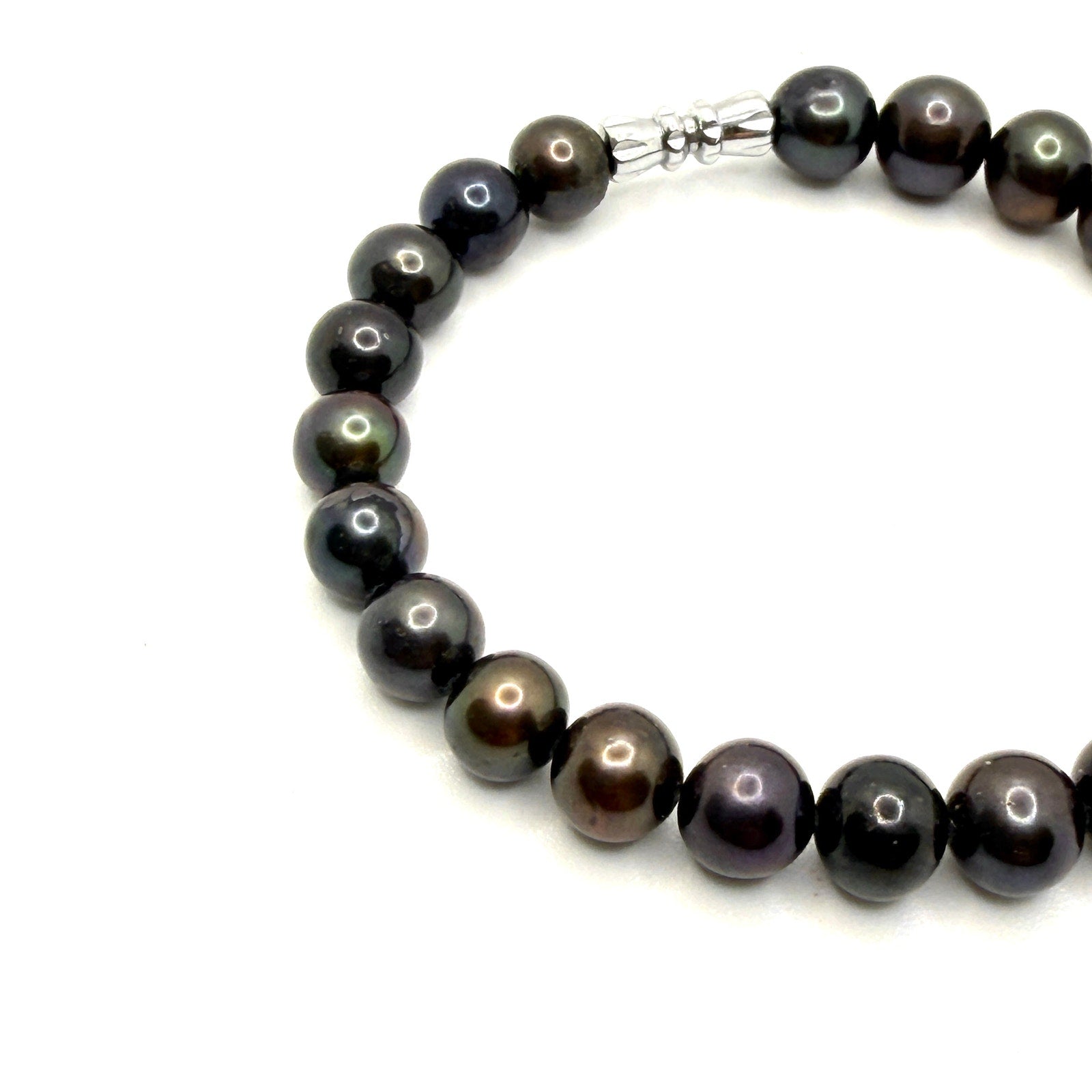 Vintage 90s Peacock Iridescent Black Freshwater Pearl Screw Clasp Bracelet
