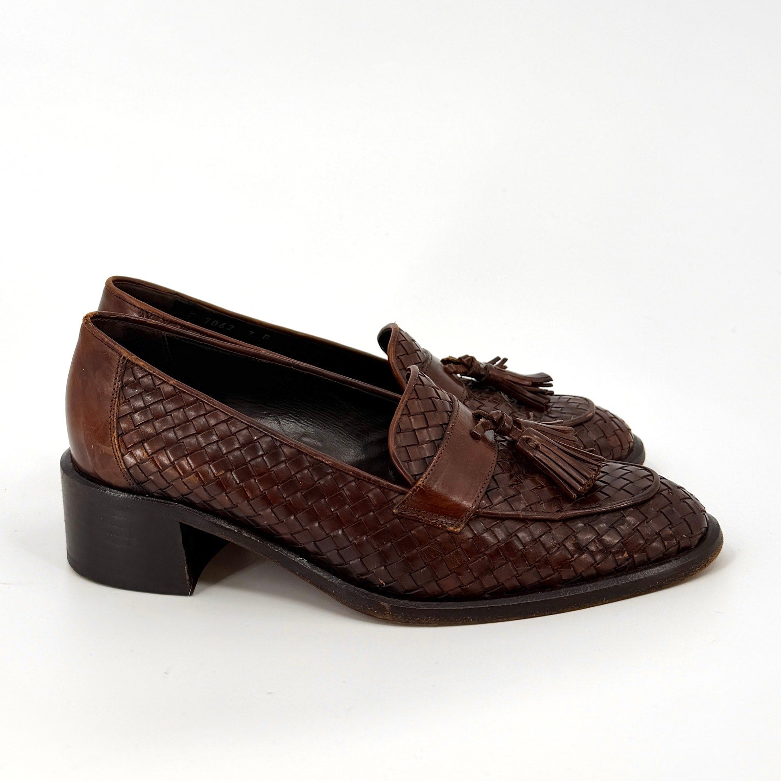 Vintage 90s Cole Haan Brown Woven Genuine Leather Tassel Heeled Loafers