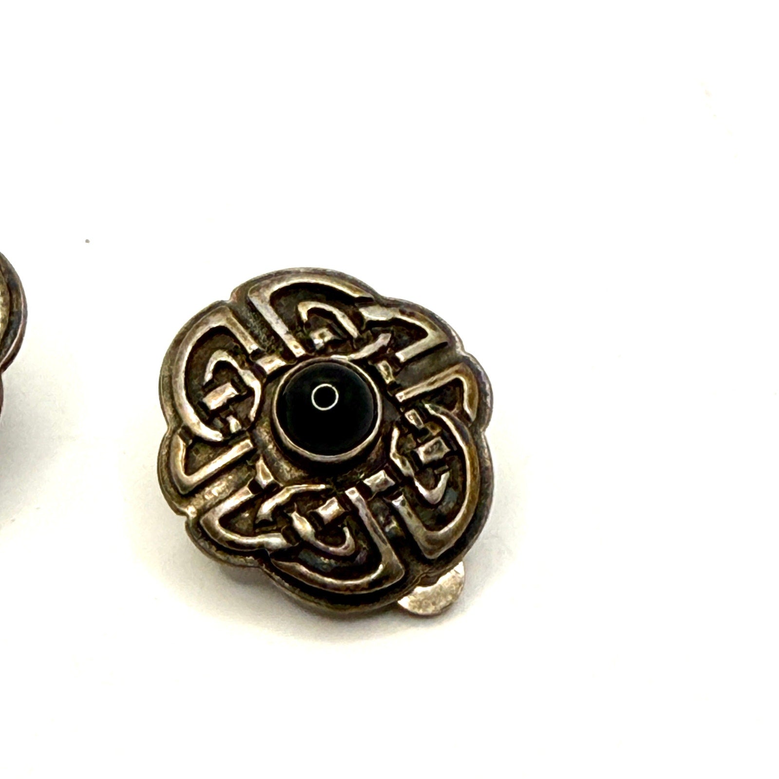 Vintage 90s Stamped 925 USA Onyx Sterling Silver Celtic Knot Clip On Earrings