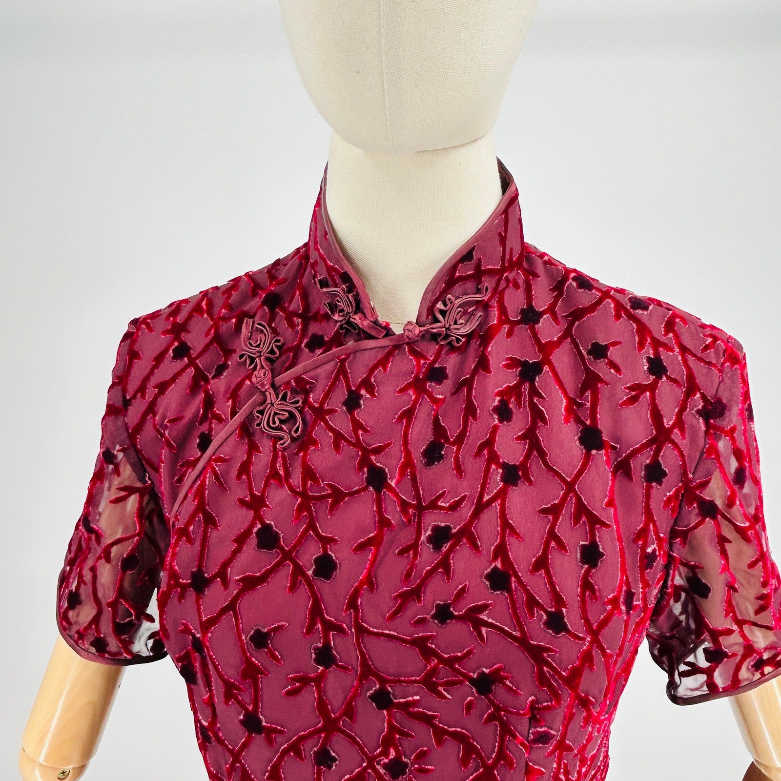 Vintage 90s Chinese Velvet Burnout Burgundy Maxi Cheongsam Dress