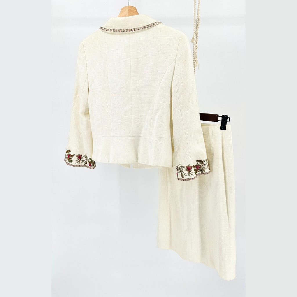 Vintage 90s Escada Ivory Cream Beaded Embroidered Linen Cotton Skirt Suit