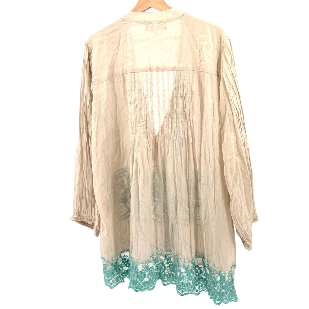 Antica Sartoria Beige Teal 100% Cotton Embroidered Lace Tunic Top
