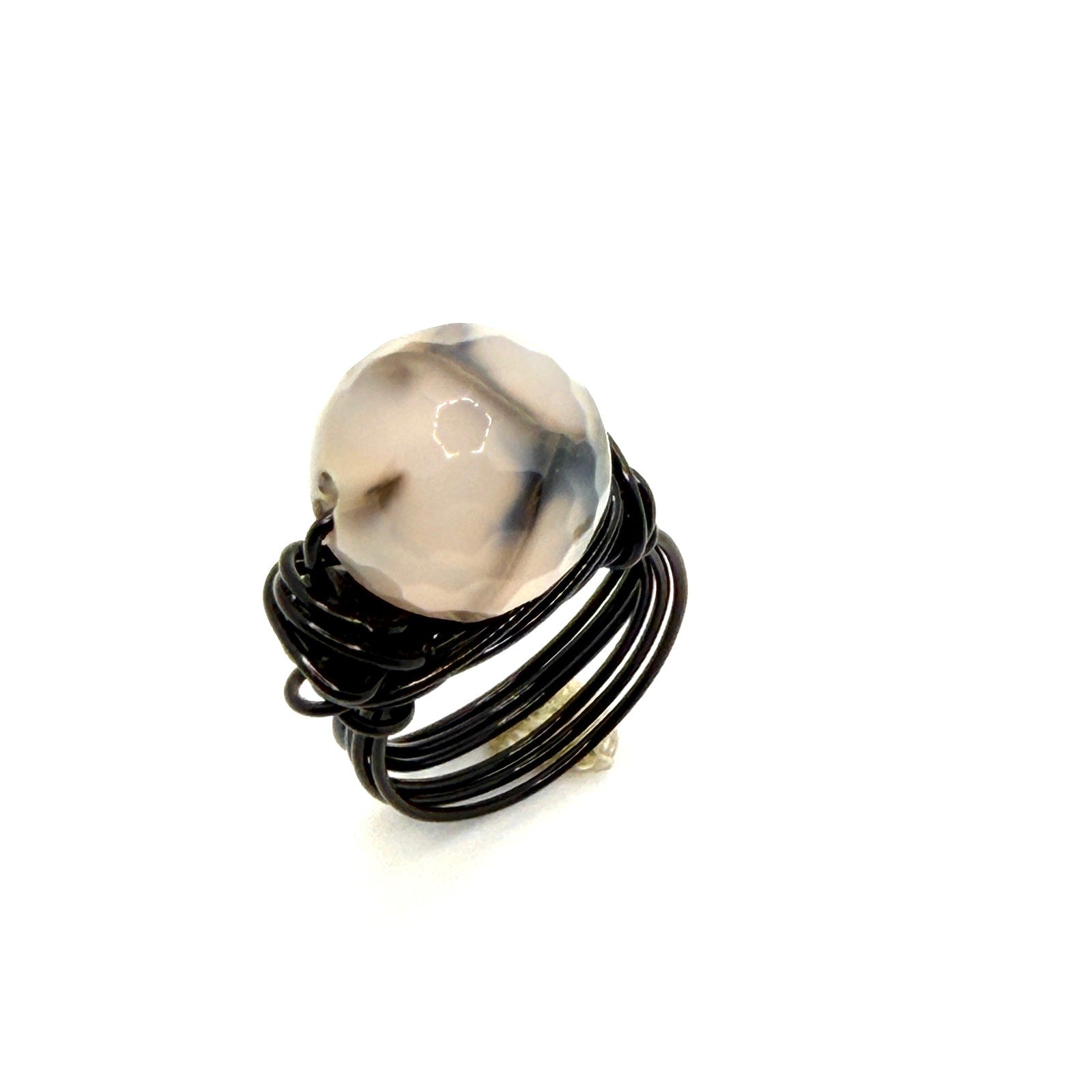 Vintage 90s Black Dendritic Agate Boho Wire Wrapped Faceted Orb Ring