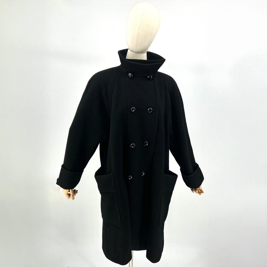 Vintage 80s Black Wool Blend Double Breasted Shoulder Pad Swing Coat