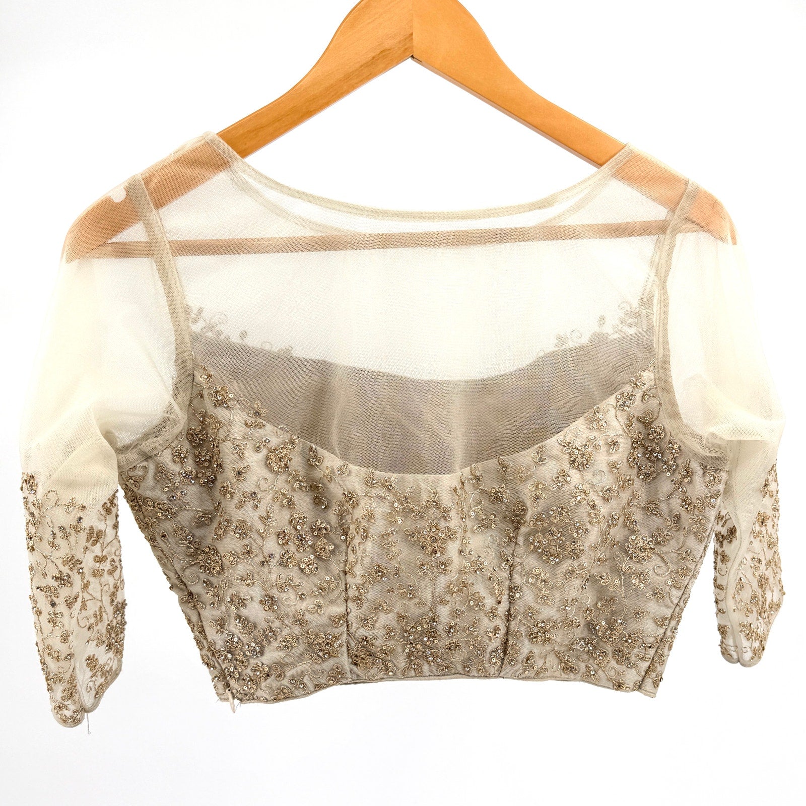 Custom Champagne Mesh Rhinestone Beaded Cropped Sari Blouse Choli