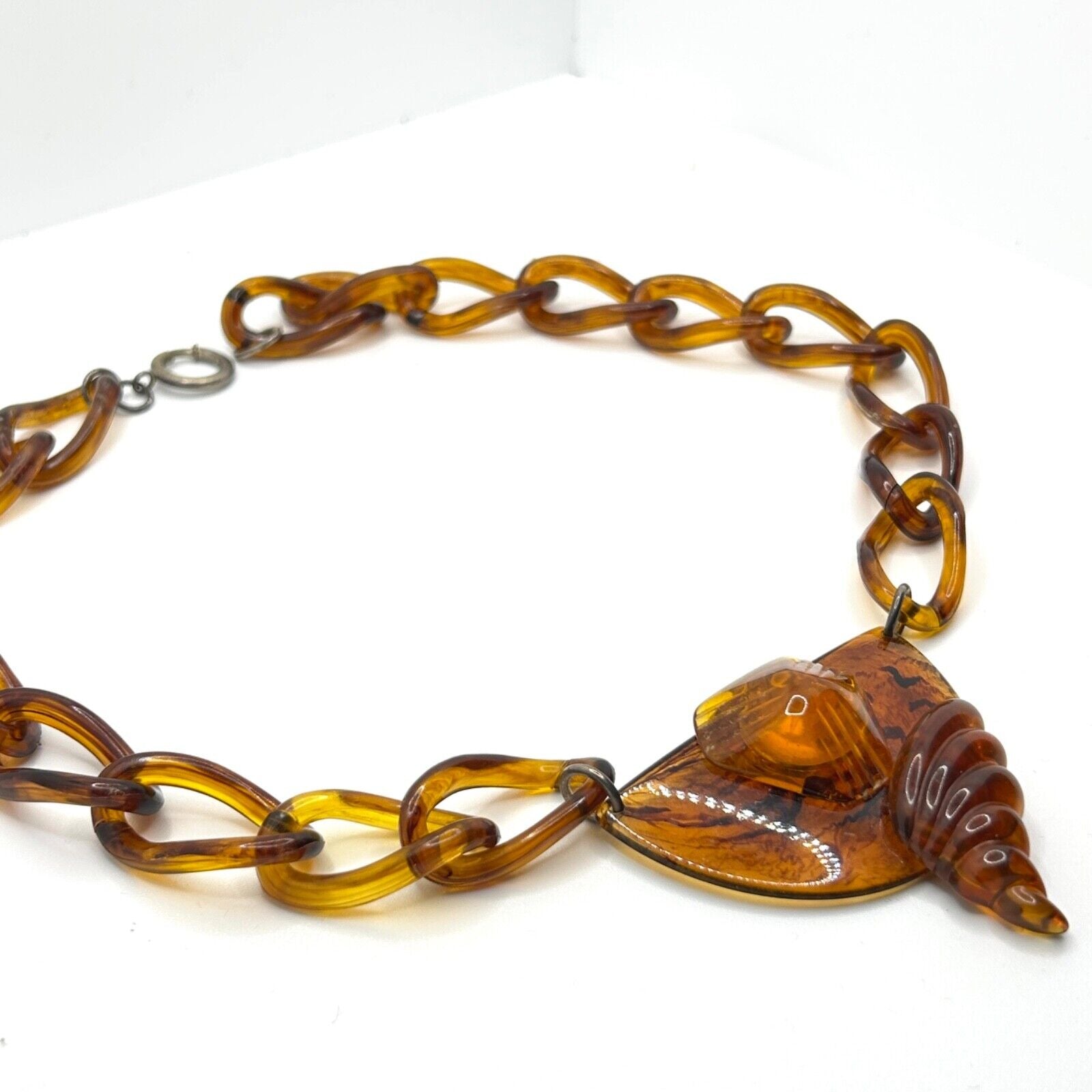 Vintage Art Deco Bakelite Amber-Colored Chain Necklace Bold Abstract Pendant