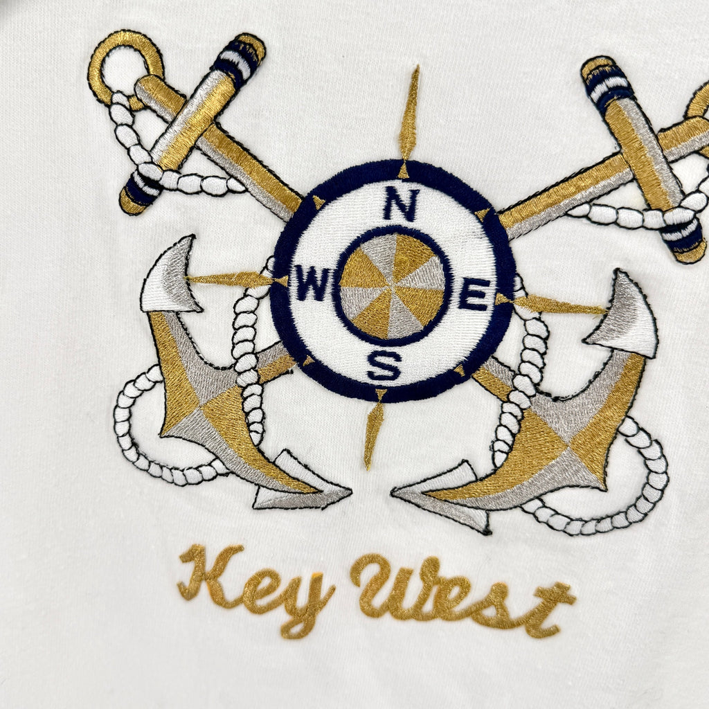 Vintage 90s Key West White 100% Cotton Gold Embroidered Nautical Tee