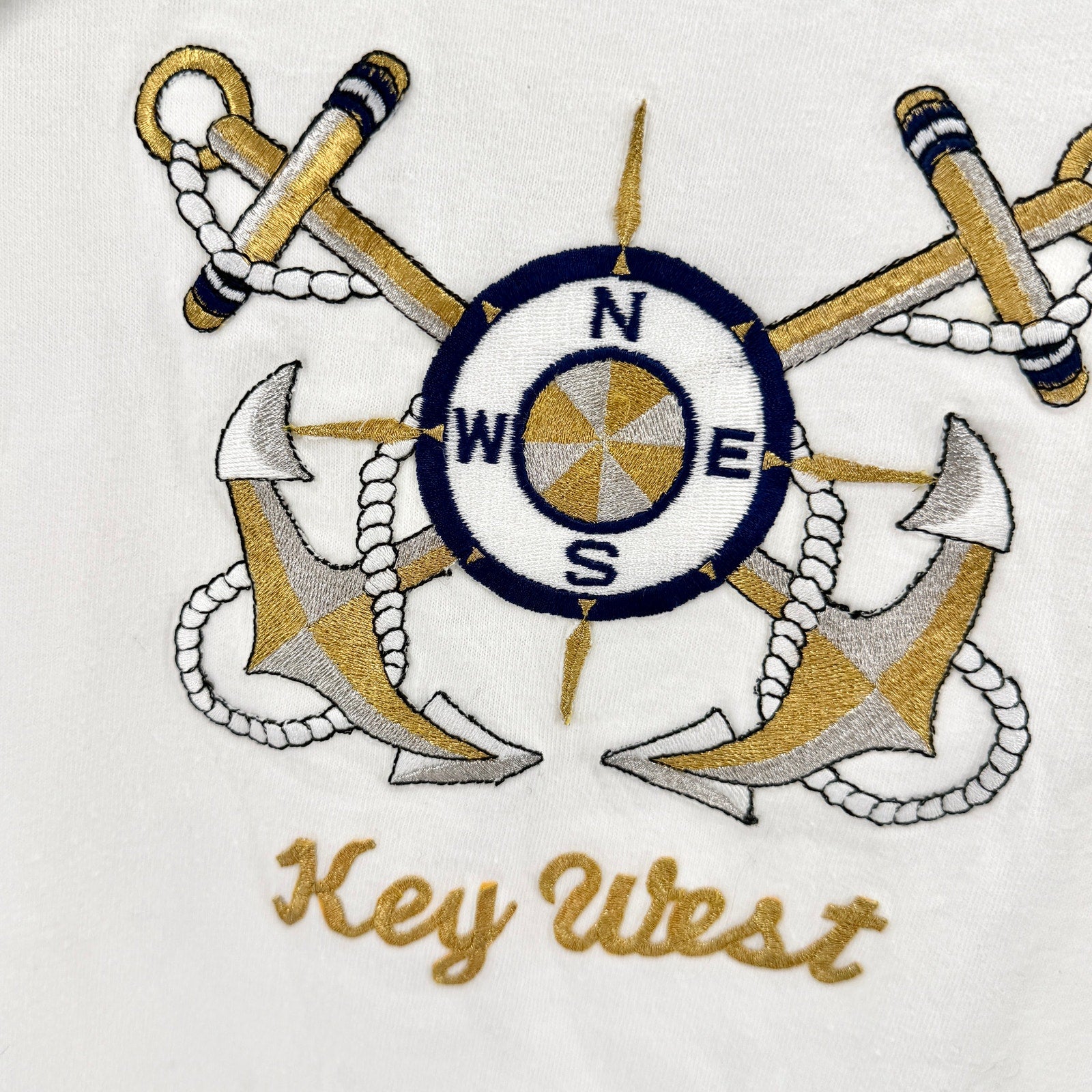 Vintage 90s Key West White 100% Cotton Gold Embroidered Nautical Tee