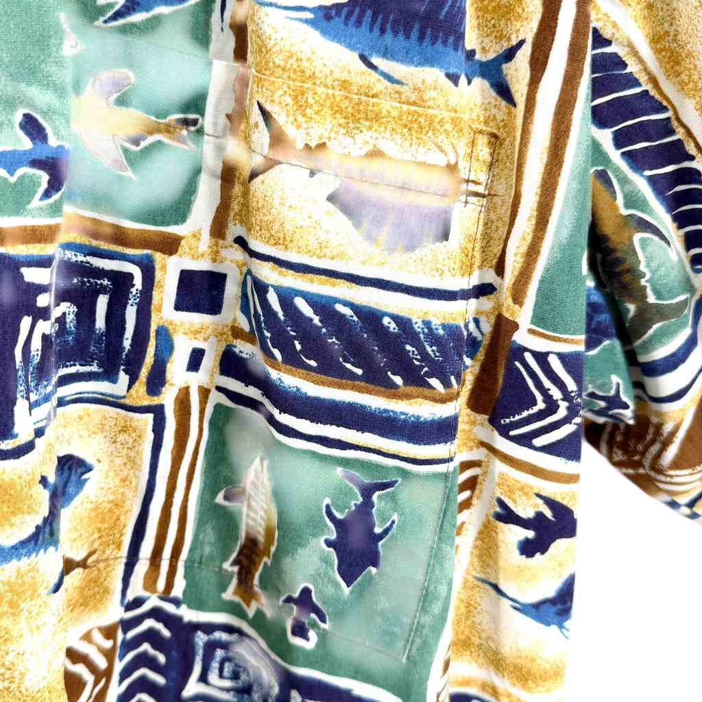 Vintage 90s Kahala Blue Green Fish Print 100% Cotton Aloha Shirt