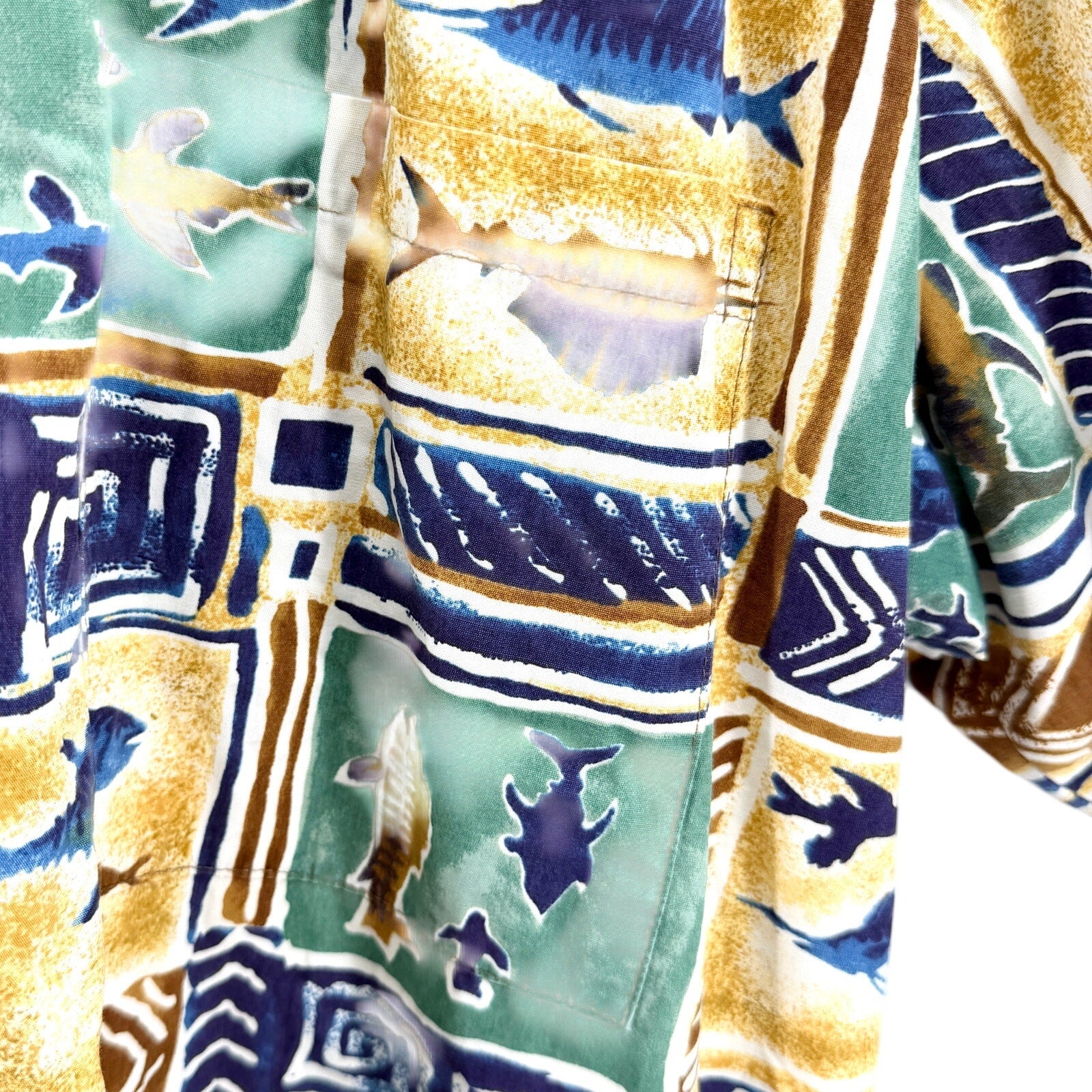 Vintage 90s Kahala Blue Green Fish Print 100% Cotton Aloha Shirt