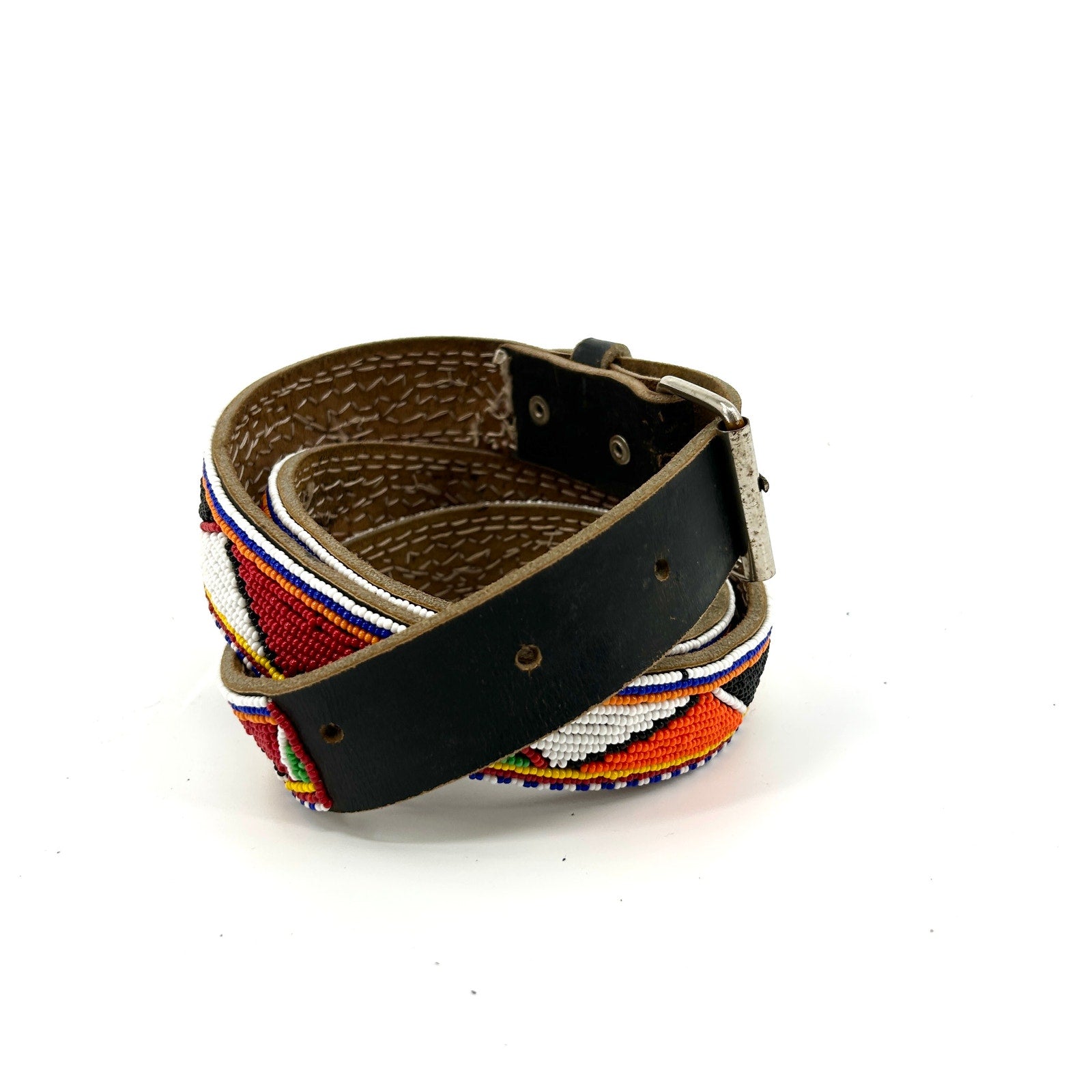 Vintage 90s Multicolor Seed Bead Geometric Genuine Leather African Style Belt