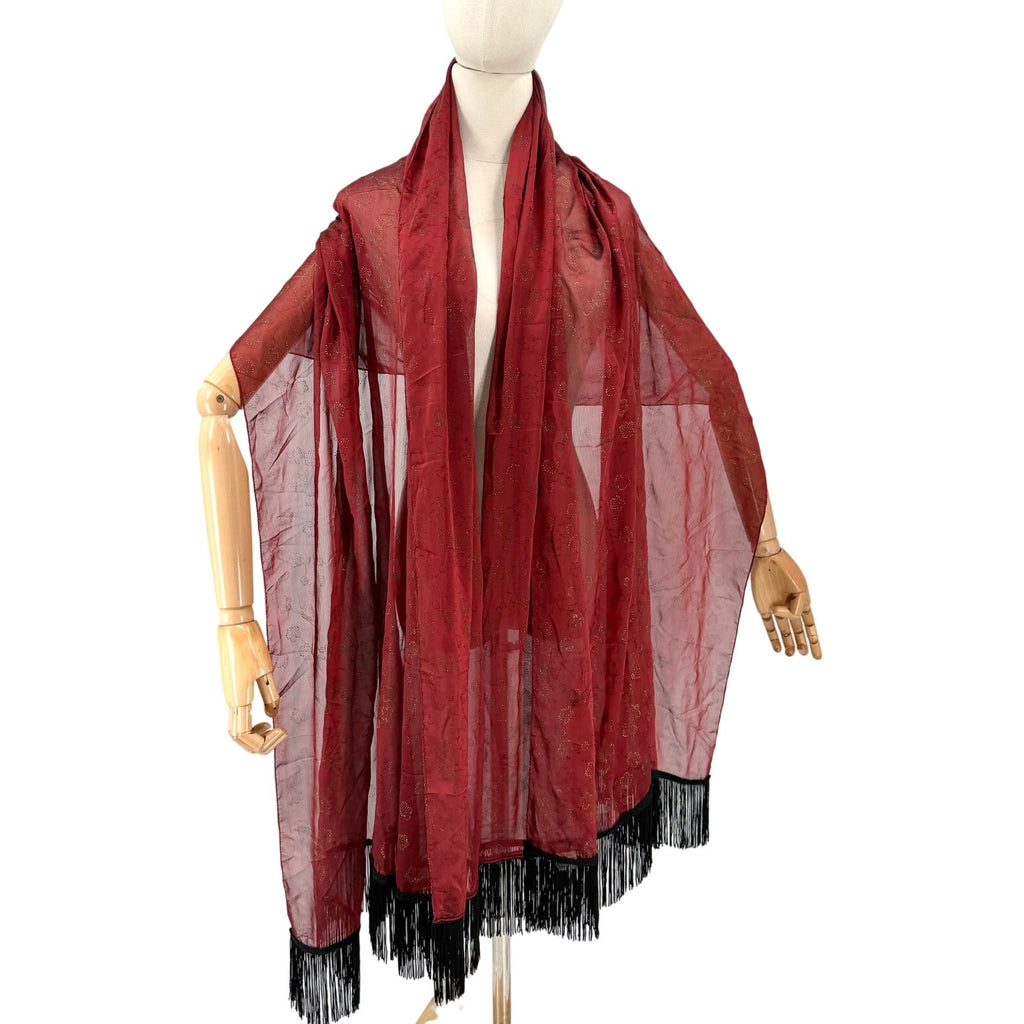Vintage 90s Red Iridescent Chiffon Black Fringe Evening Wrap Scarf