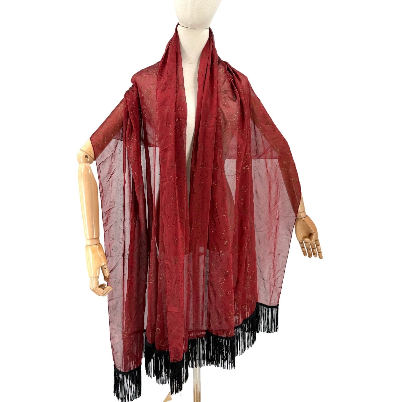 Vintage 90s Red Iridescent Chiffon Black Fringe Evening Wrap Scarf