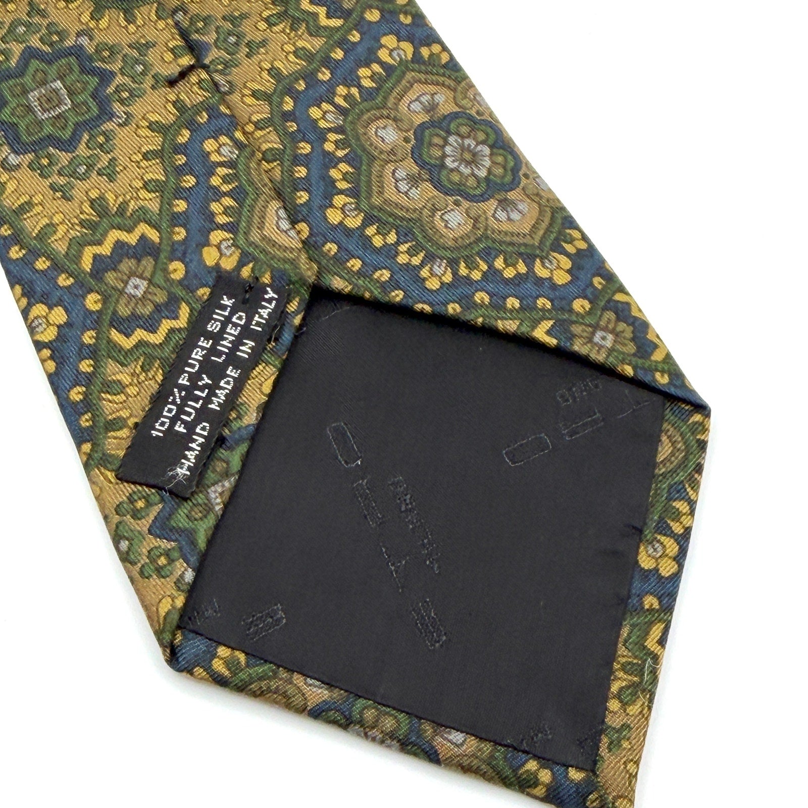 Vintage 90s Etro Green Navy Gold 100% Silk Paisley Skinny Luxury Tie