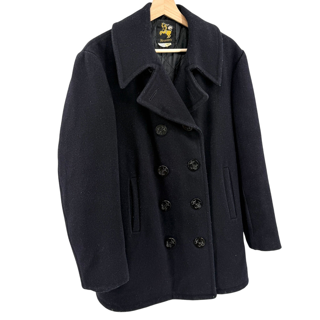 Vintage 70s Alexander's Navy Blue Double Breasted Quilted Wool Pea Coat
