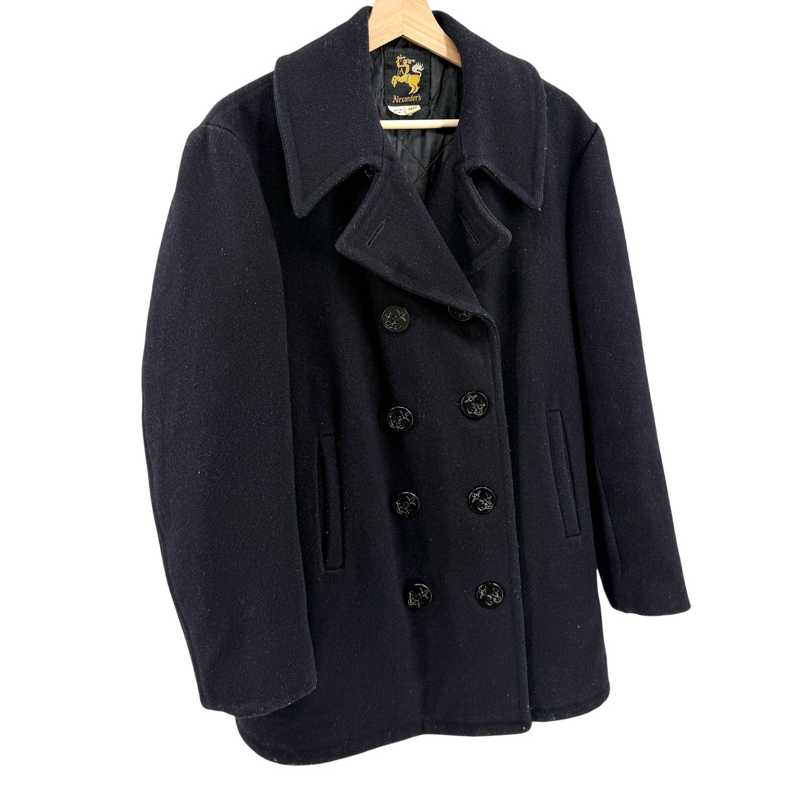 Vintage 70s Alexander's Navy Blue Double Breasted Quilted Wool Pea Coat