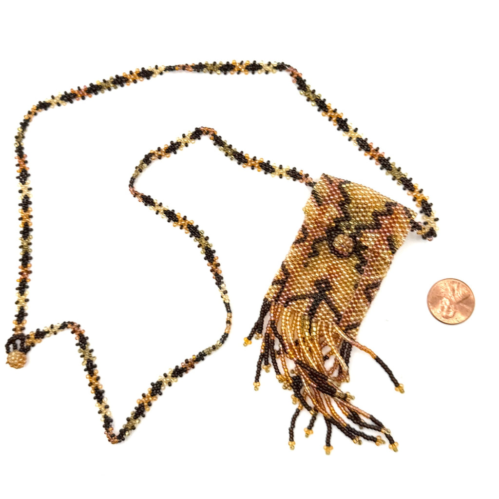 Vintage 90s Boho Bronze Gold Hand Beaded Glass Seed Bead Amulet Pouch Necklace