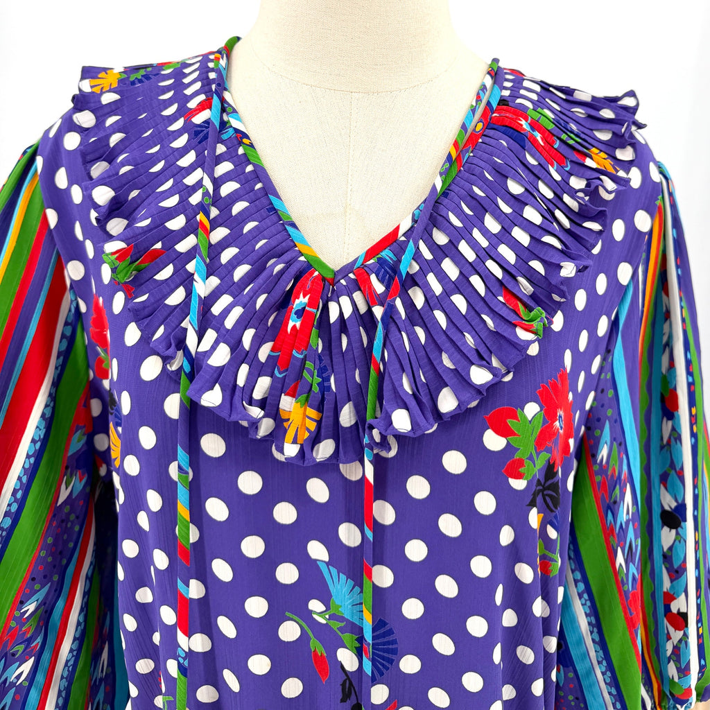 Vintage 80s Diane Freis Purple Periwinkle Polka Dot Maximalist Blouse Skirt Set