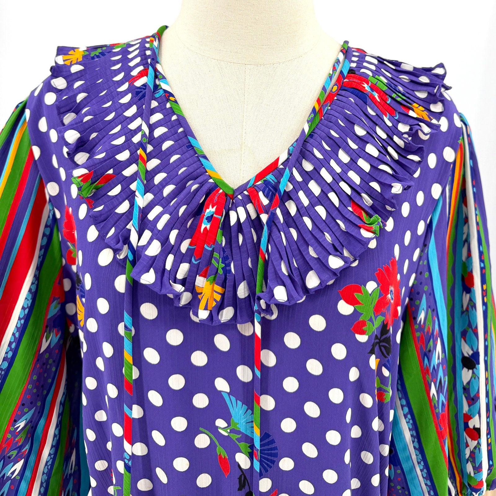 Vintage 80s Diane Freis Purple Periwinkle Polka Dot Maximalist Blouse Skirt Set