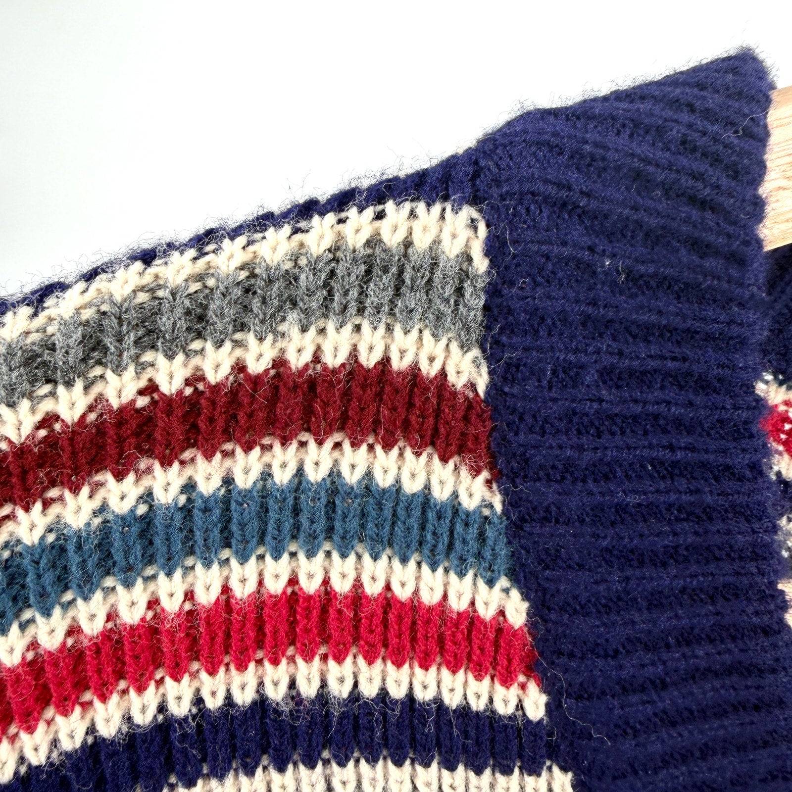 Vintage 70s Paul Arnold Navy Red Striped Knit V-Neck Sweater