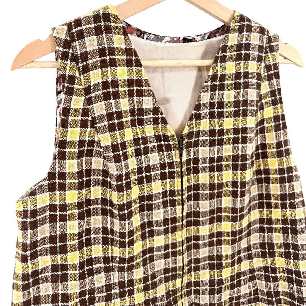Vintage 90s Handmade Brown Yellow Plaid Zip-Front Vest Blouse