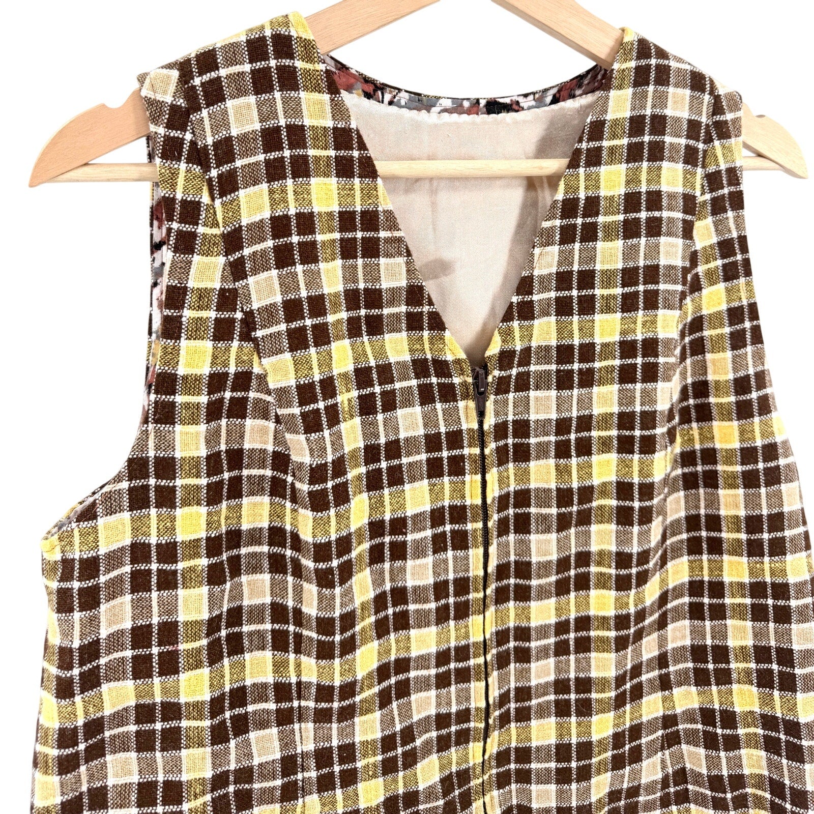 Vintage 90s Handmade Brown Yellow Plaid Zip-Front Vest Blouse