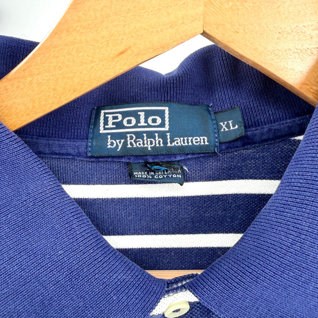 Vintage 90s Polo Ralph Lauren Navy Blue White Striped 100% Cotton Polo Shirt