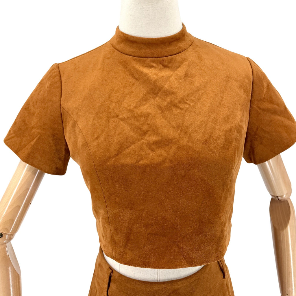 New JW PEI Brown Faux Suede Two Piece Crop Top Mini Skirt Set