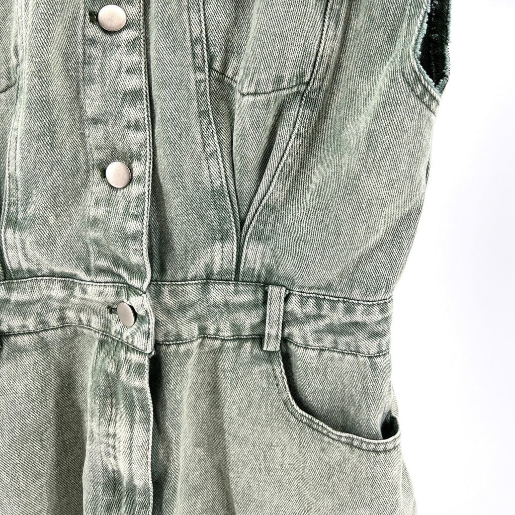 Retro Heavy Weight Green Denim Sleeveless Romper