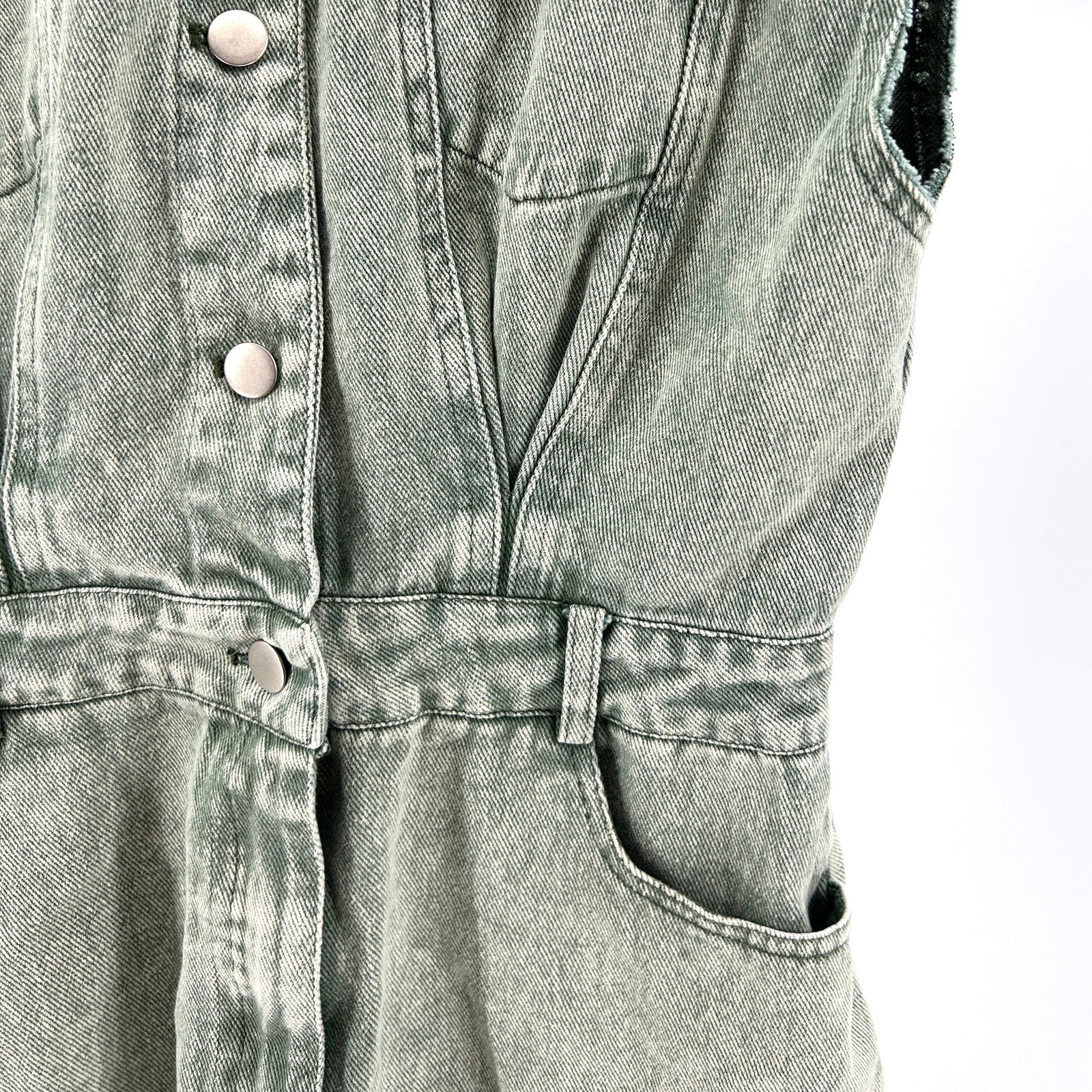 Retro Heavy Weight Green Denim Sleeveless Romper