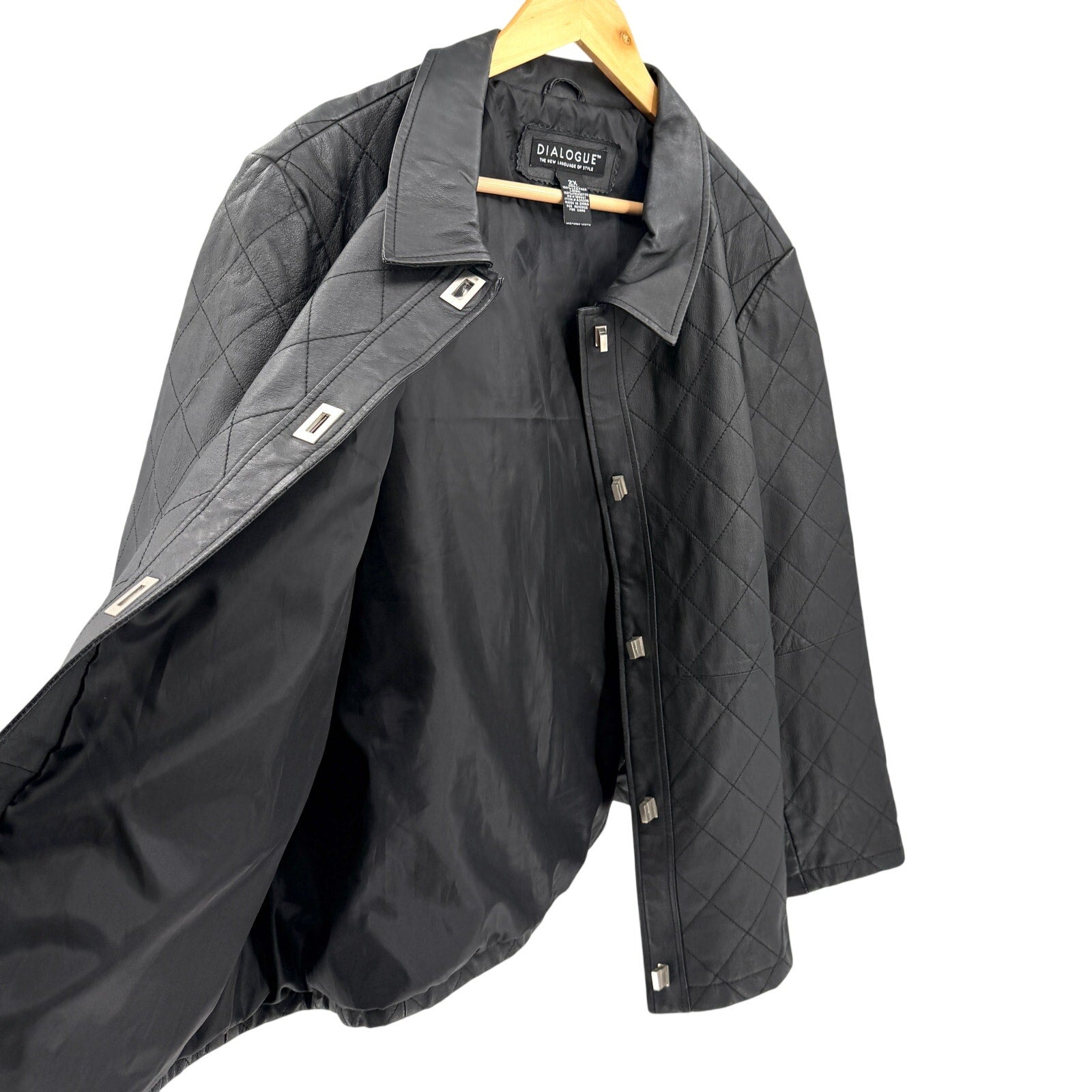Dialogue Black Genuine Leather Quilted Silver Toggle Button Jacket