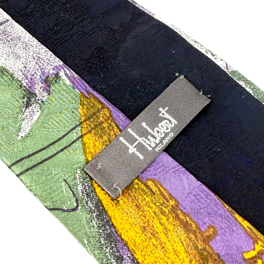 Vintage 90s Hubert Milano Sage Green Purple 100% Silk Graphic Paisley Necktie