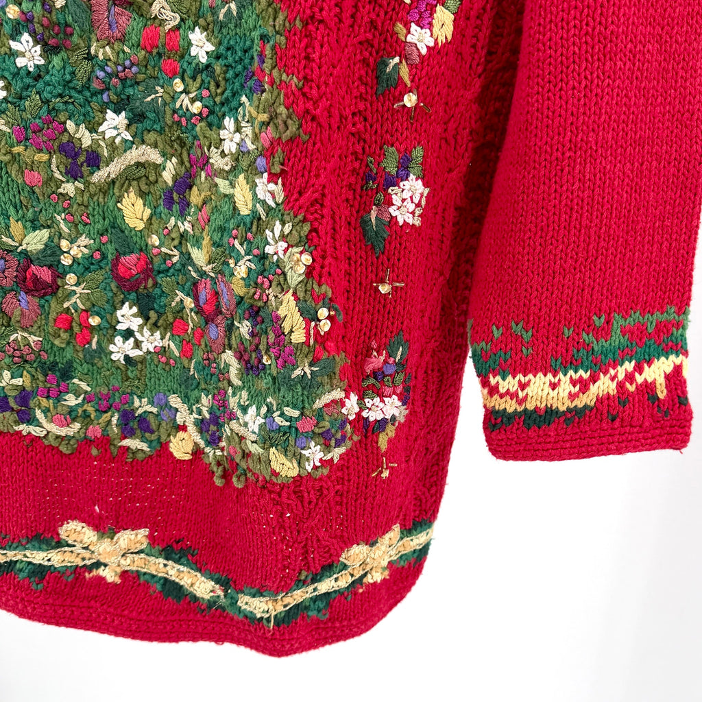 Vintage 90s Tiara International Red Ugly Christmas Tree Beaded Sweater