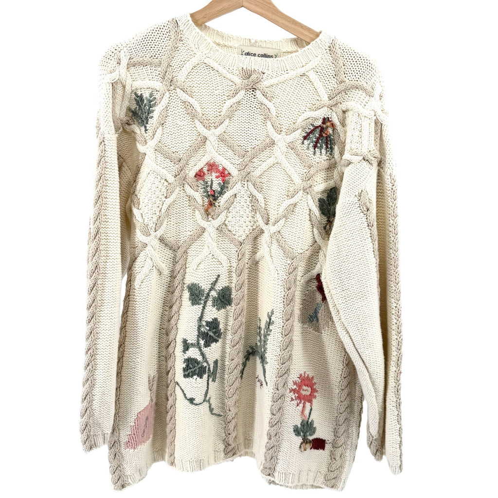 Vintage 90s Alice Collins Cream Cotton Botanical Embroidered Cable Knit Sweater