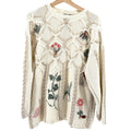 Vintage 90s Alice Collins Cream Cotton Botanical Embroidered Cable Knit Sweater