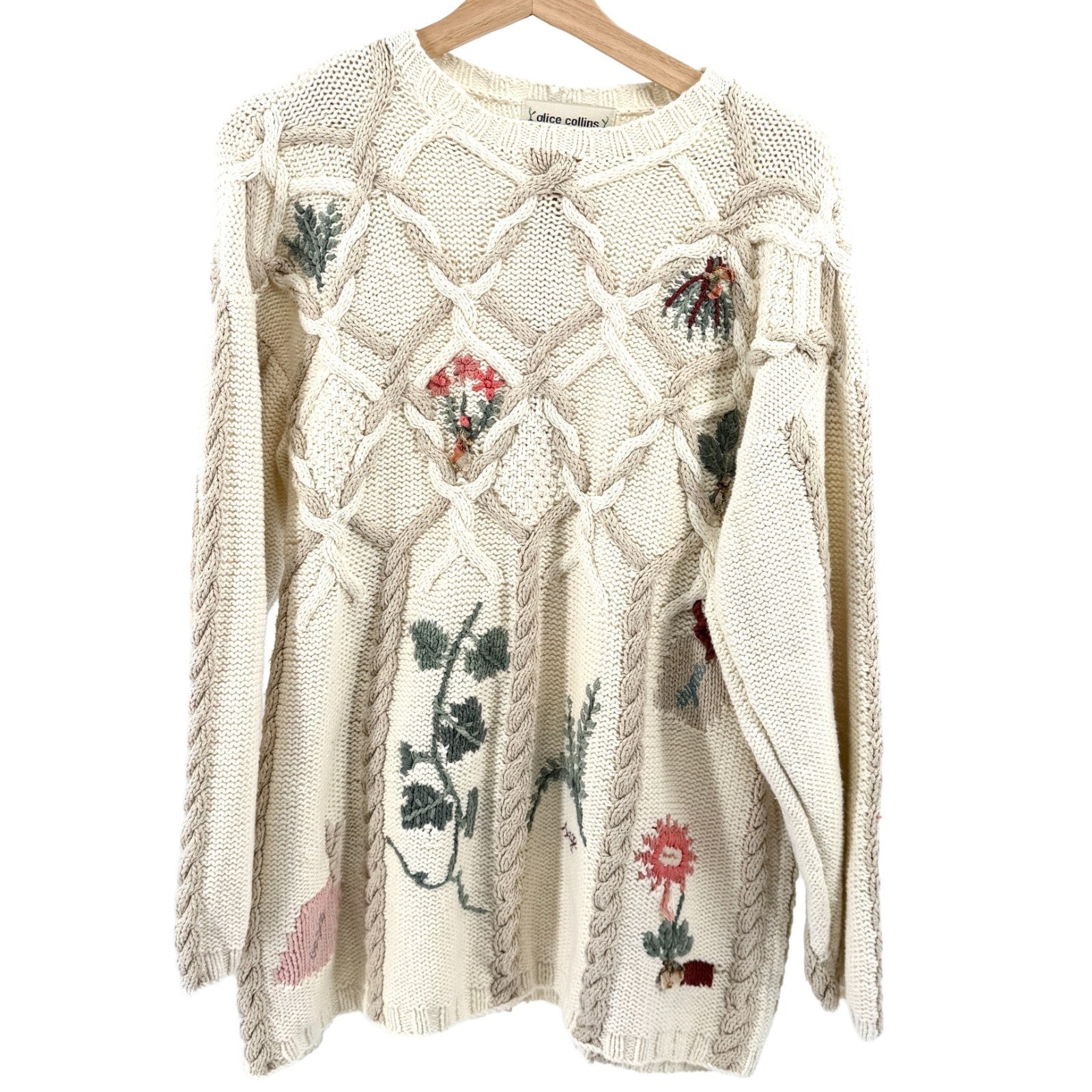Vintage 90s Alice Collins Cream Cotton Botanical Embroidered Cable Knit Sweater