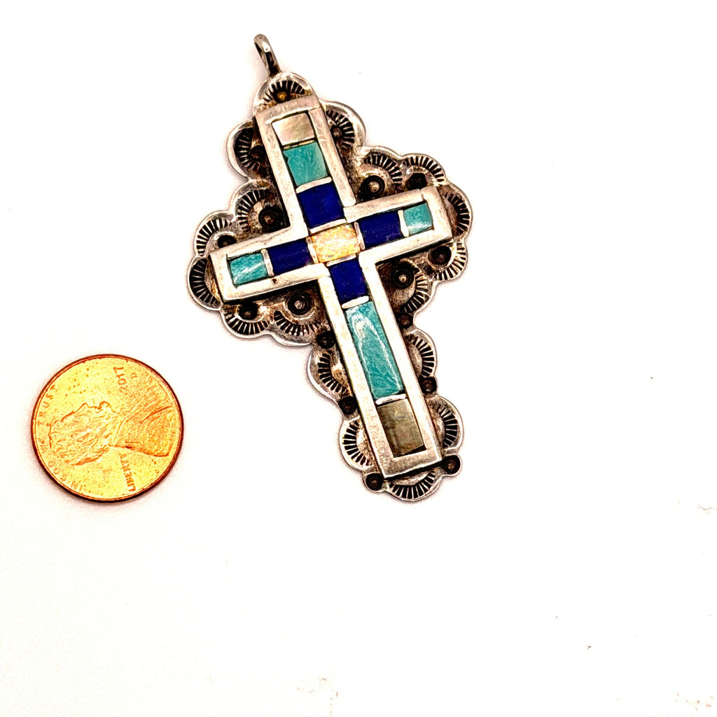 Vintage Signed Zuni Blue Sterling Silver Lapis Turquoise Inlay Cross Pendant