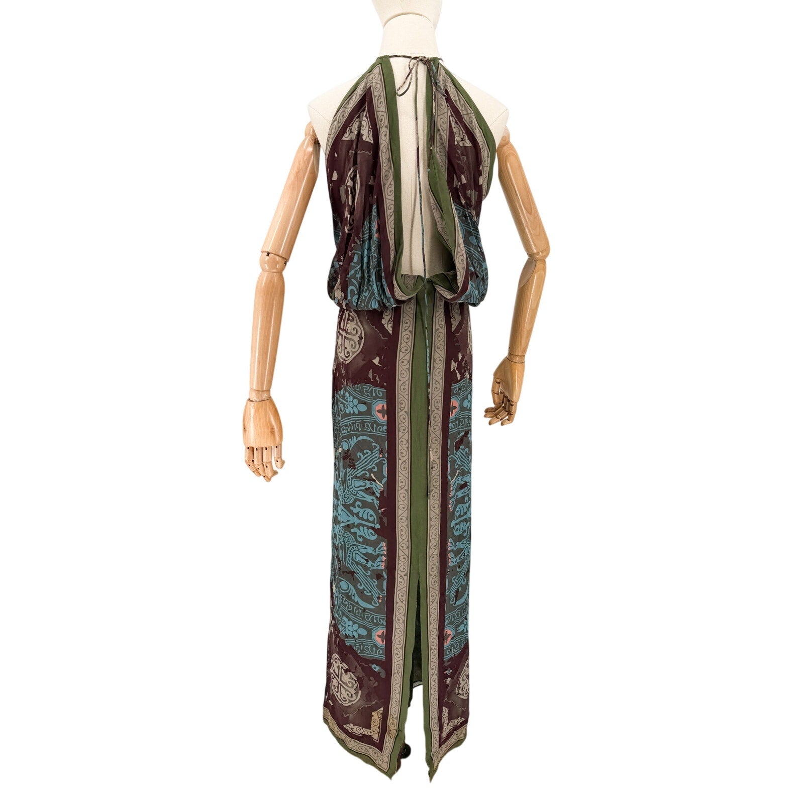 Vintage Y2K Nicole Miller Green Purple 100% Silk Geometric Halter Maxi Dress