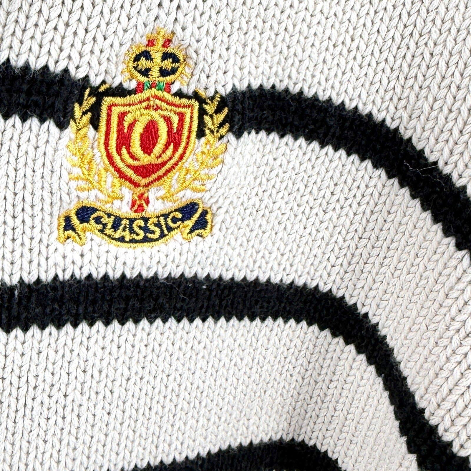 Vintage Y2K Charter Club Cream Black 100% Cotton Gold Crest Half Zip Sweater