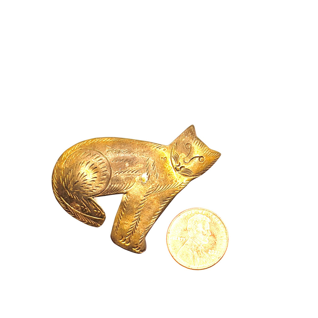 Vintage 80s Brass Etched Sitting Cat Silhouette Figural Brooch Pin