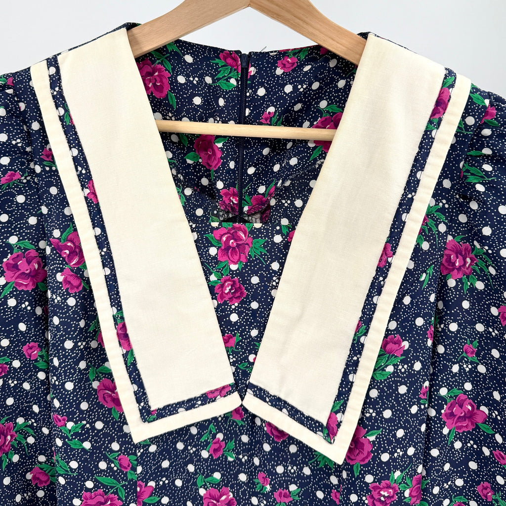 Vintage 80s Blue Floral Polka Dot Sweetheart Dropped Waist Sailboat Collar Dress