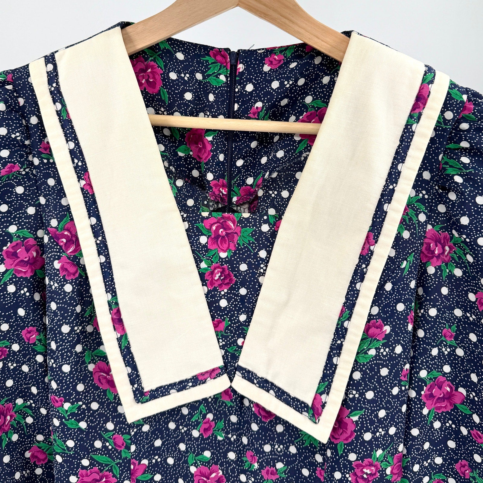 Vintage 80s Blue Floral Polka Dot Sweetheart Dropped Waist Sailboat Collar Dress