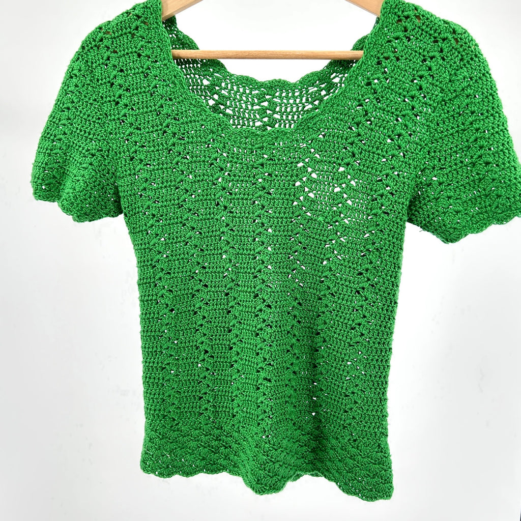 Kelly Green Crochet Open Weave Knit Top