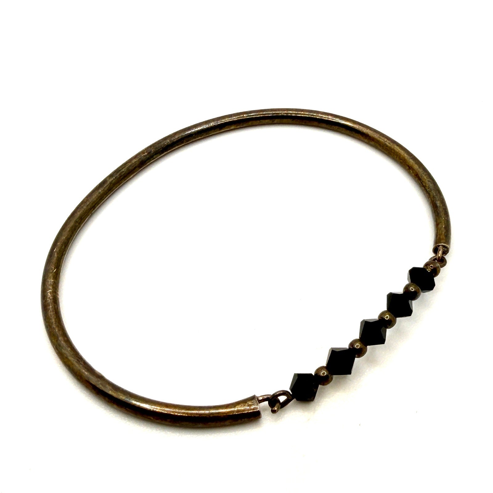 Vintage 90s Sterling Silver Black Onyx Bicone Bead Stamped Bangle Bracelet