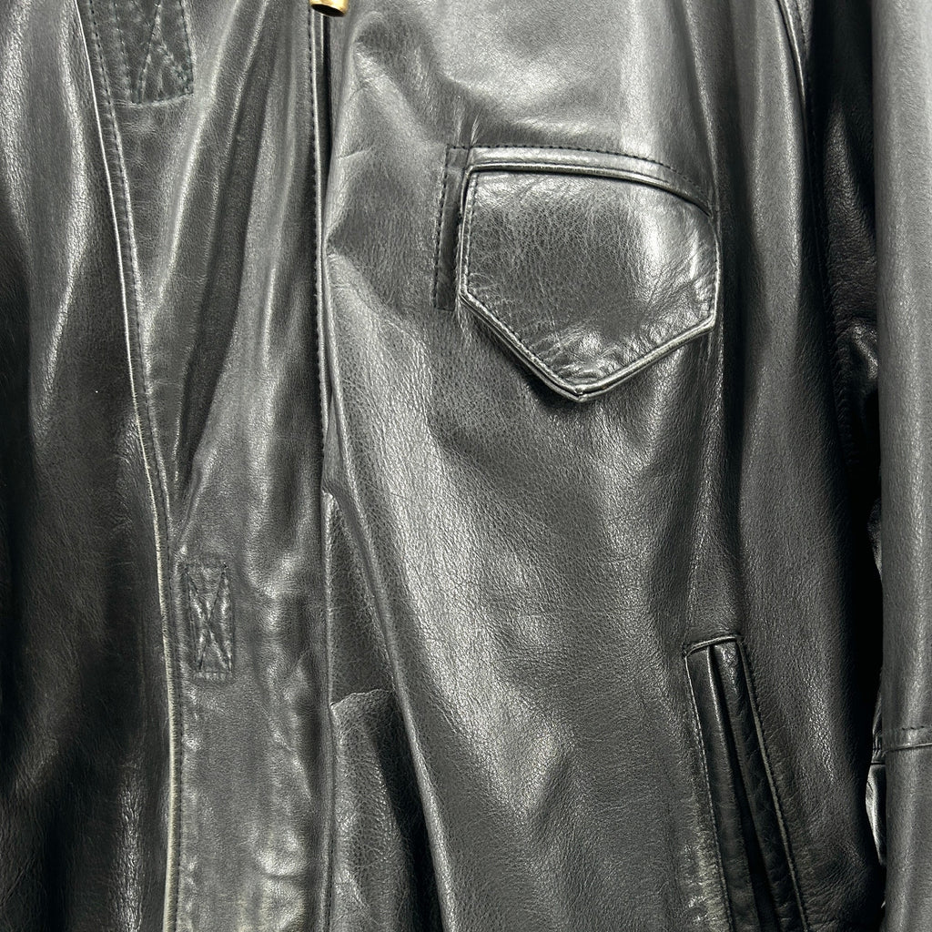 Vintage 90s DAF David Fahren Black Genuine Leather Hooded Bomber Jacket