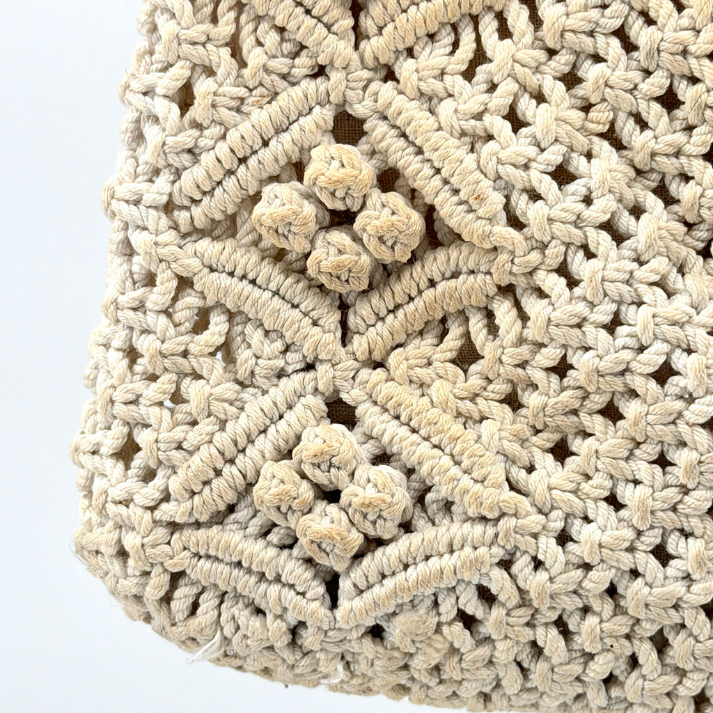 Vintage 80s Handcrafted Philippines Cream Macramé Wooden Button Handbag