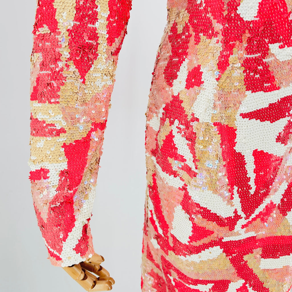 Vintage 80s Lillie Rubin Pink White Geometric Sequin V-Back Mini Dress